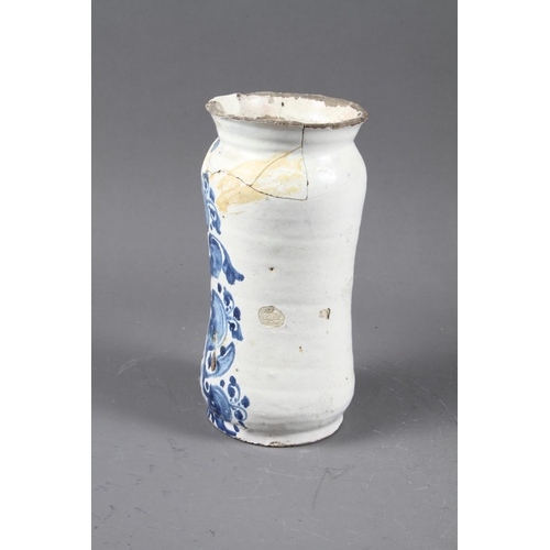 66 - An 18th century Delft dry drug jar ‘EVP.HORB’, 9” high, (heavily restored), anothe... 