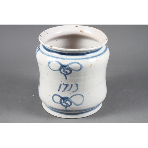 66 - An 18th century Delft dry drug jar ‘EVP.HORB’, 9” high, (heavily restored), anothe... 