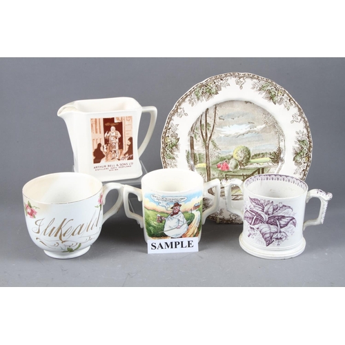 76 - A 19th century two-handle loving cup, two mugs, a jug and four decorative plates