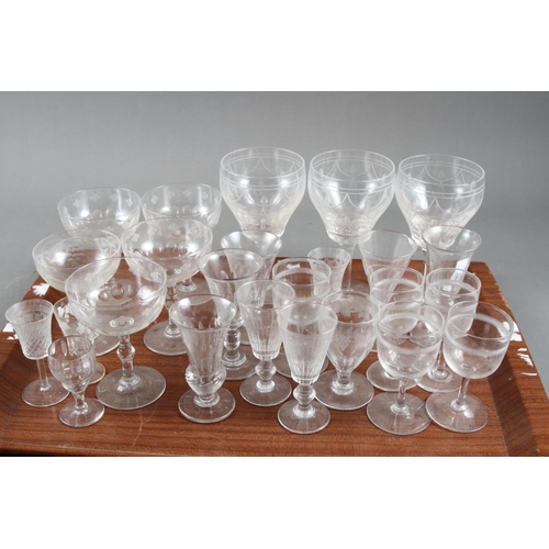 82 - Three glass rummers with engraved swag decoration, 19th century sherry glasses and other glassware, ... 