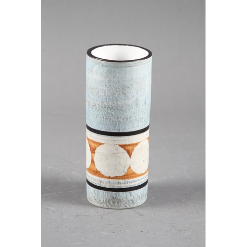 83 - A Troika cylindrical light blue, white, black and orange glazed vase with circle designs