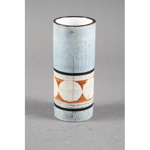 83 - A Troika cylindrical light blue, white, black and orange glazed vase with circle designs