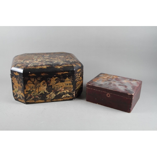 97 - A Chinese octagonal lacquered hinged box, 14 1/2” wide, and a Japanese lacquered box 9 1/2” wide