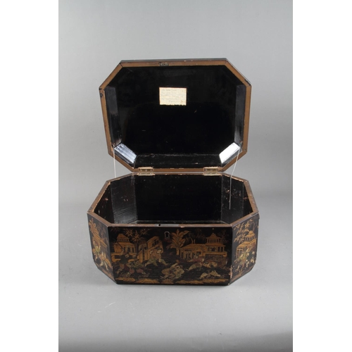 97 - A Chinese octagonal lacquered hinged box, 14 1/2” wide, and a Japanese lacquered box 9 1/2” wide