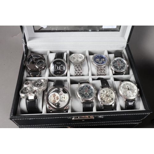 287 - Two boxes containing a collection of fashion watches, various, and three modern Masonic themed pocke... 