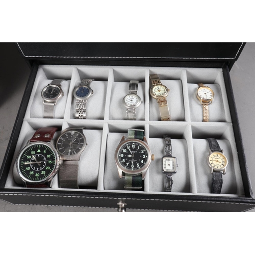 287 - Two boxes containing a collection of fashion watches, various, and three modern Masonic themed pocke... 