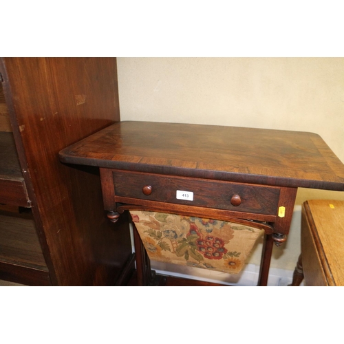 413 - A 19th century rosewood work table, fitted one drawer and well, on carved end supports and scroll fe... 