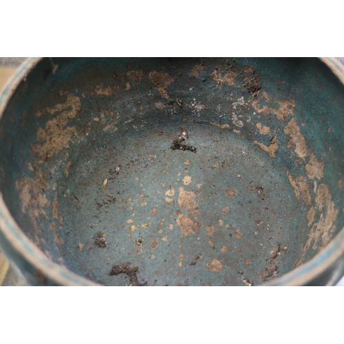 84 - A Chinese turquoise glazed bowl with lion mask decoration, 9” dia, and a floral decorated vase, 7” h... 