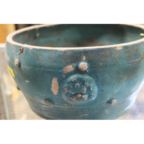 84 - A Chinese turquoise glazed bowl with lion mask decoration, 9” dia, and a floral decorated vase, 7” h... 