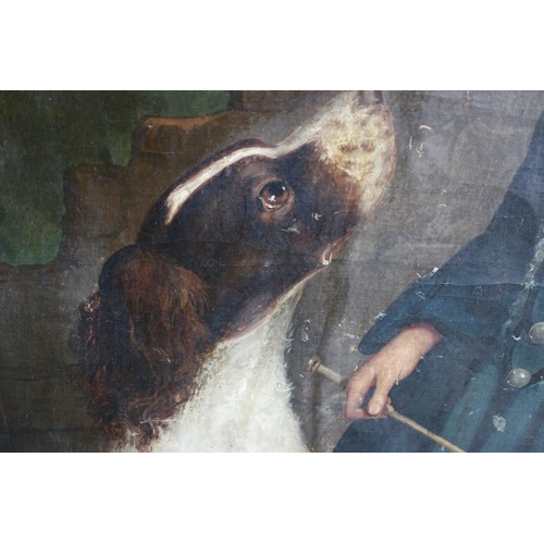 391 - A late 18th early 19th century Scottish primitive school: oil on canvas, child with dog, unstretched... 