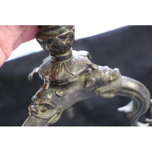 95 - A Chinese bronze pricket candlestick with dragon and lotus leaf design, 11 3/4” high