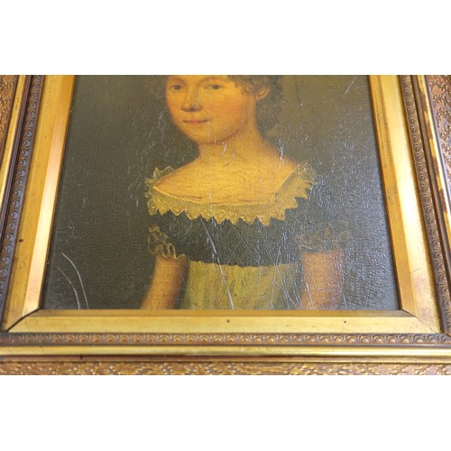 385 - A set of three early 19th century oil on mahogany panels, portraits of unknown women, circa 1810-15,... 