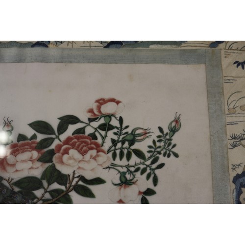 96 - A Chinese watercolour on pith paper, peacock mounted on embroidered silk panel, 13 1/2