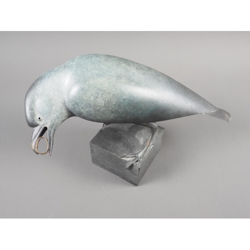 208 - †Geoffrey Dashwood: a patinated bronze jackdaw with yellow metal ring in its beak, 5/12, 8 1/2