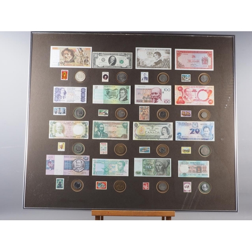 306 - A quantity of bank notes, coins and stamps from around the world, framed, and another similar smalle... 