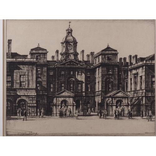 315 - Henry Rushbury: an etching, Horseguards, signed in pencil, in ebonised frame and a print of Blenheim... 