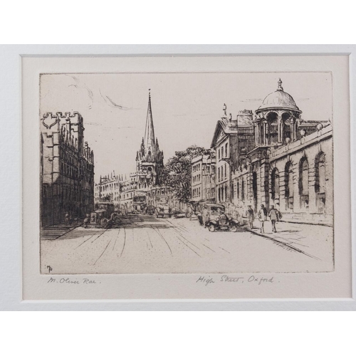 316 - M Oliver Rae: an etching, High Street Oxford, in ebonised strip frame, and another by the same hand,... 