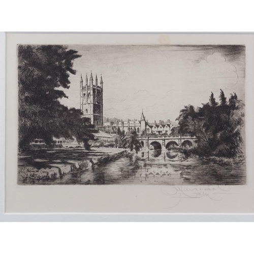 317 - English School: an etching, Tom Tower, Oxford, in ebonised frame, another etching, landscape, and Pr... 