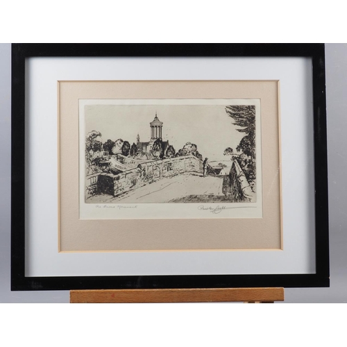 317 - English School: an etching, Tom Tower, Oxford, in ebonised frame, another etching, landscape, and Pr... 