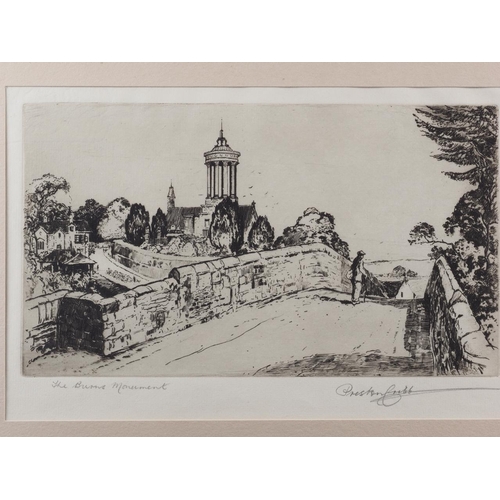 317 - English School: an etching, Tom Tower, Oxford, in ebonised frame, another etching, landscape, and Pr... 