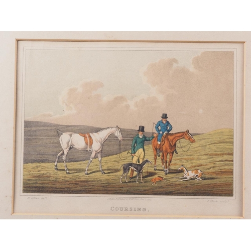 328 - Three early 19th century hand-coloured sporting prints, coursing, beagling and sledging, and a colou... 