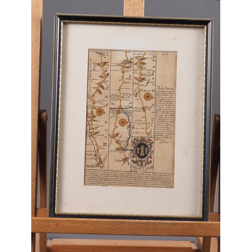 352 - An 18th century hand-coloured part road map, Calne & Marlborough, in Hogarth frame, and a simila... 