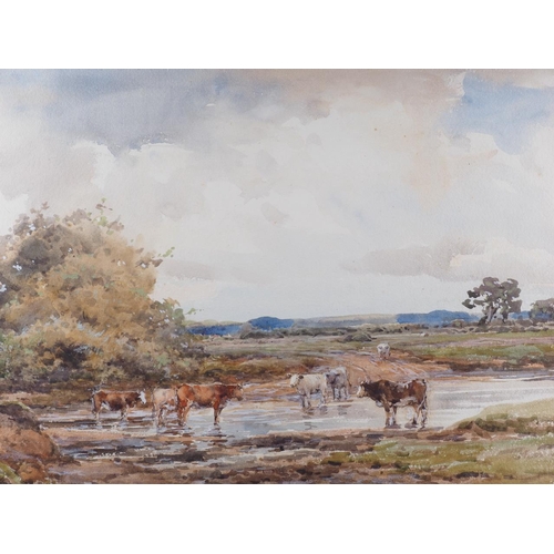 355 - Claude Hayes: watercolours, cattle by a stream, 13 1/4” x 20 1/2”, in gilt strip frame, ... 