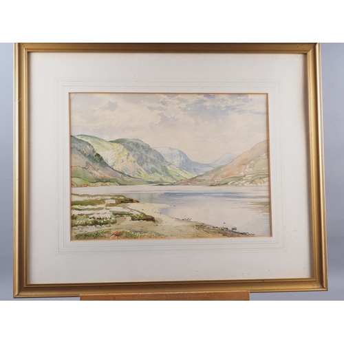 355 - Claude Hayes: watercolours, cattle by a stream, 13 1/4” x 20 1/2”, in gilt strip frame, ... 