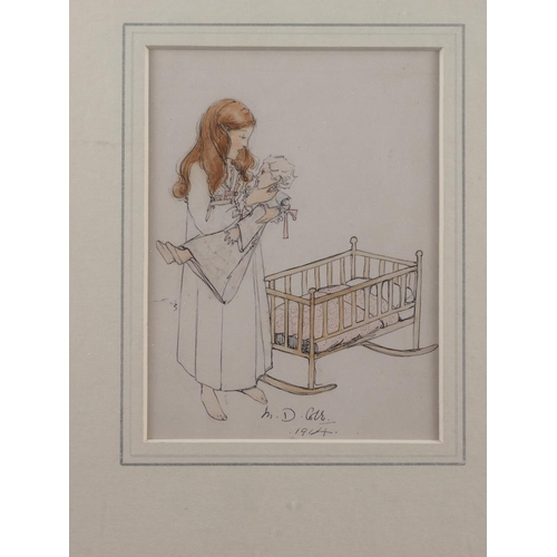 408 - M D Cole, 1914: pen, ink and wash, girl with doll and crib, 5 3/4