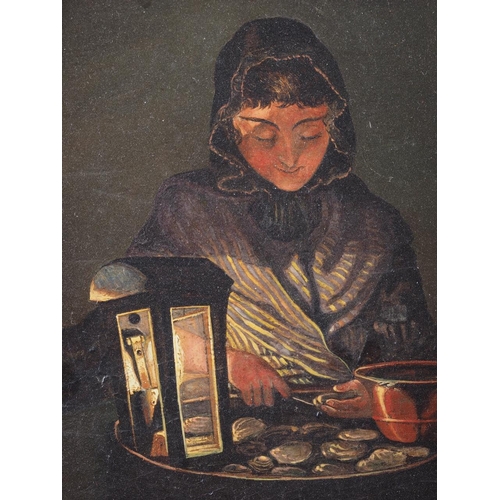 424 - French School: oil on oak panel, Oyster girl, 8 3/4” x 6 3/4”, in deep gilt swept frame