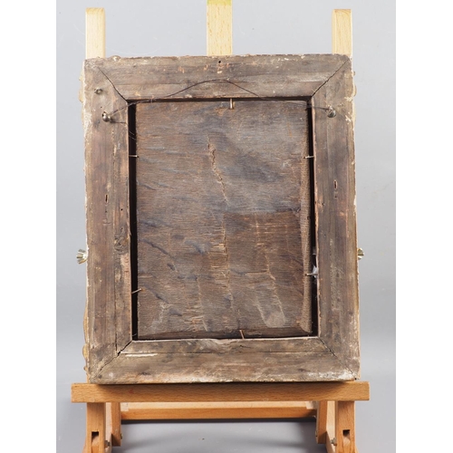 424 - French School: oil on oak panel, Oyster girl, 8 3/4” x 6 3/4”, in deep gilt swept frame