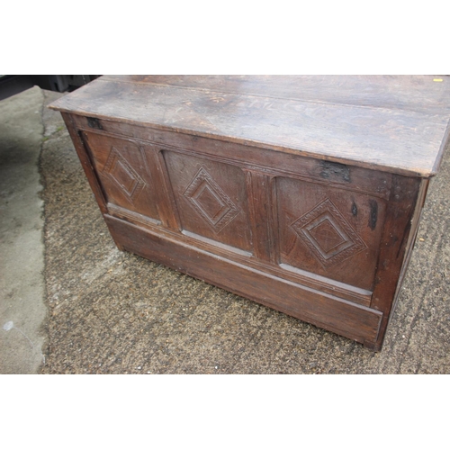 469 - An 18th century oak triple panel front mule chest, fitted two drawers, on stile supports, 53