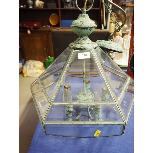 218 - A glass and distressed metal domed ceiling light with bevelled plates, 16” wide, and another ceiling... 