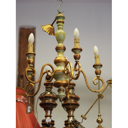 228 - A green and gilt painted five-light ceiling light with scrolled arms, 20 1/2