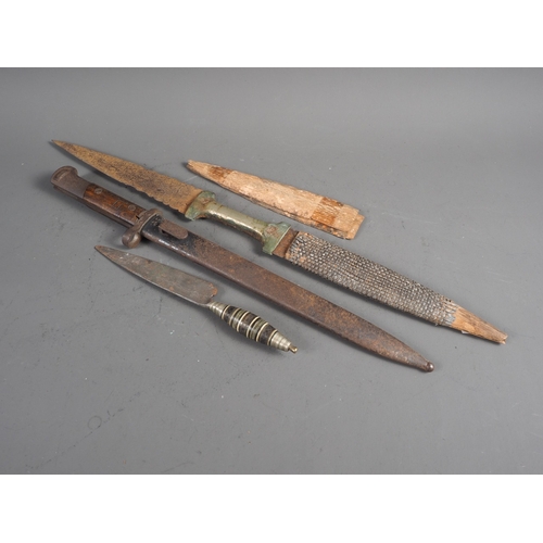 112 - A Belgian bayonet and scabbard, blade 11 1/2