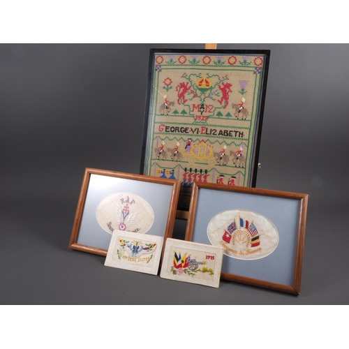 130 - Five WWI silk postcards, a pair of similar embroidered handkerchiefs, mounted in frames, and a 1937 ... 