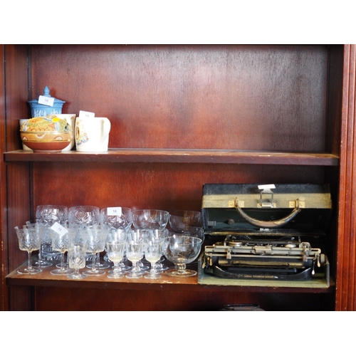 18 - A set of six cut glass tumblers, six etched wines, five sundae dishes, five Tudor port glasses, misc... 