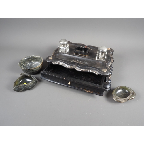 193 - A papier-mache and mother-of-pearl inlaid ink stand, fitted one drawer, 12 1/2” wide, and thre... 