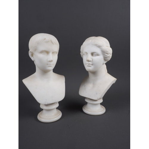 196 - A pair of marble busts, unknown man and woman, 10” high