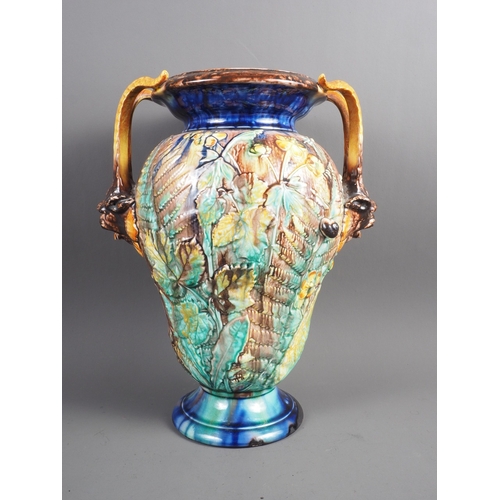 2 - A Royal Palissy majolica two-handled vase and cover decorated leaves, 17 1/2” high