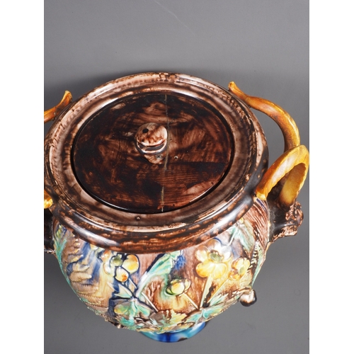 2 - A Royal Palissy majolica two-handled vase and cover decorated leaves, 17 1/2” high