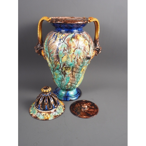 2 - A Royal Palissy majolica two-handled vase and cover decorated leaves, 17 1/2” high