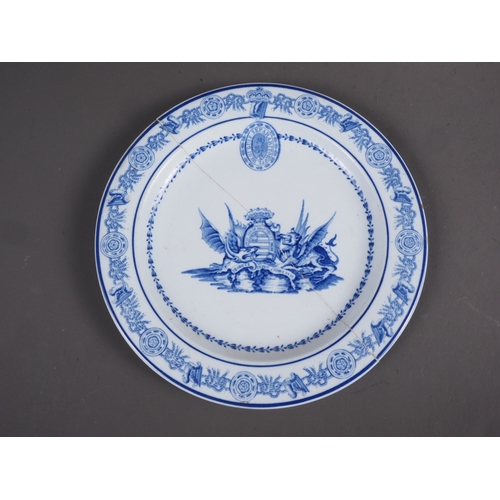 26 - Two Chamberlains Worcester armorial dishes, a pair of Worcester pottery blue and white decorated pla... 