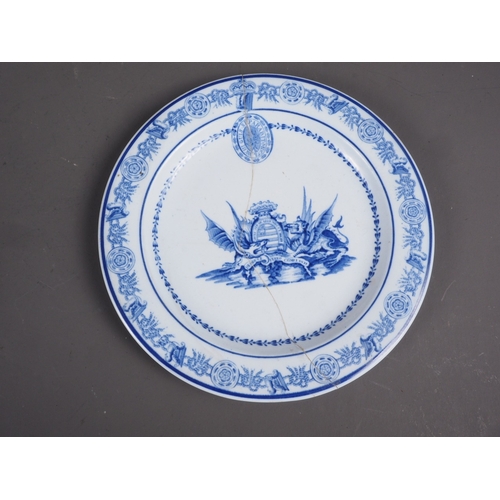 26 - Two Chamberlains Worcester armorial dishes, a pair of Worcester pottery blue and white decorated pla... 