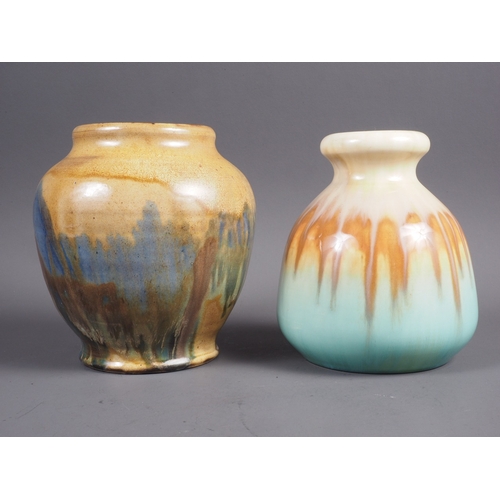 4 - A Ruskin Pottery bulbous shaped vase with drip glazed decoration, 6” high, and a similar potte... 