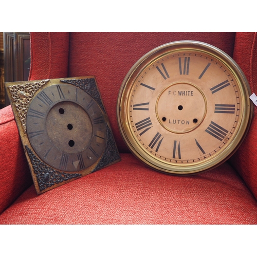 81 - An American wall clock, a painted clock dial by F C White, Luton, a 19th century long case clock dia... 