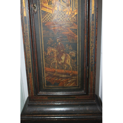 476 - A mid 18th century chinoiserie lacquered long case clock with brass and silvered dial, date window, ... 