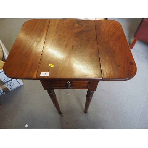 431 - A 19th century mahogany drop flap sewing table, fitted single drawer, on turned and castored support... 