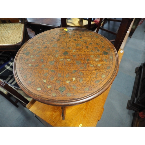 514 - A Kashmir carved and brass inlaid folding occasional table, a similar folding cake stand, a mahogany... 