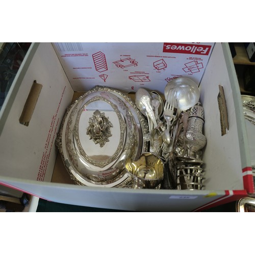 246 - Two silver plated entree dishes and covers, two silver plated swing handled baskets, a Georgian styl... 